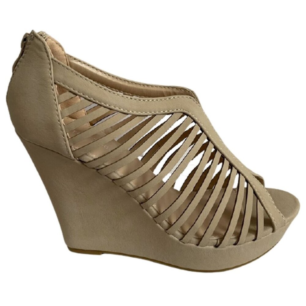 Top Moda Women's Birdcage Gladiator Wedge Sandals | Nude Beige Platform Heels - Picture 7 of 8